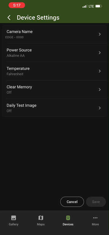 Device Settings screen showing the Clear Memory row set to Off