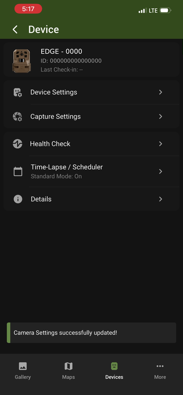Camera Settings successfully updated confirmation message
