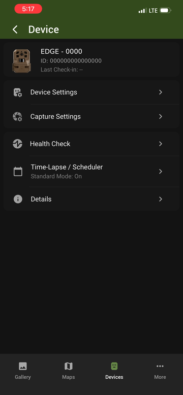 Device page with Device Settings option highlighted