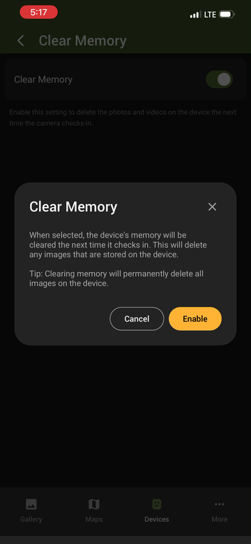Clear Memory confirmation modal with Cancel and Enable buttons