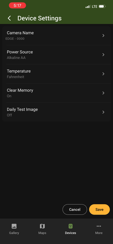Device Settings screen with Clear Memory set to On and the Save button active